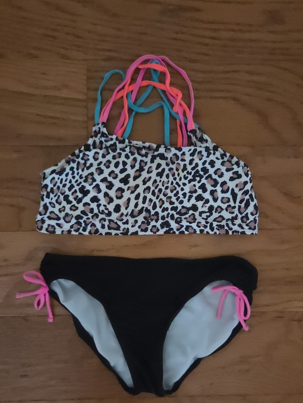 Kids Leopard Print Bikini Set with Pink & Teal Straps
